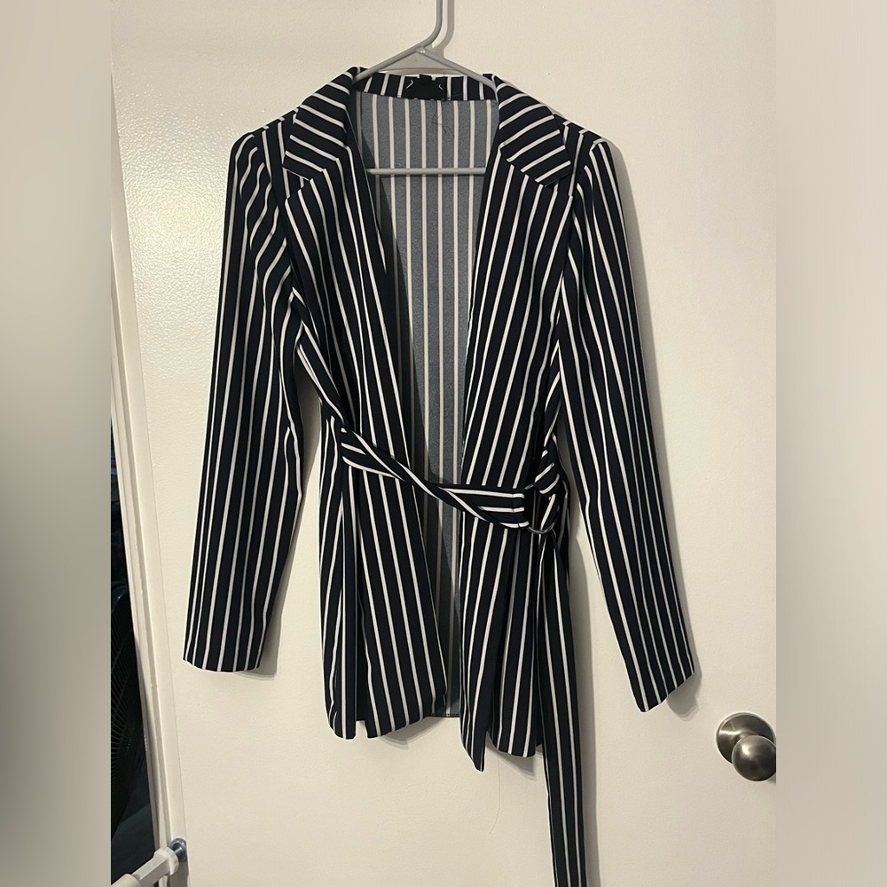 HAVE Size L Navy Blue and White Belted Blouse
